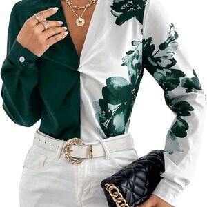 Green & White Floral Split Satin Blouse - Women Tops